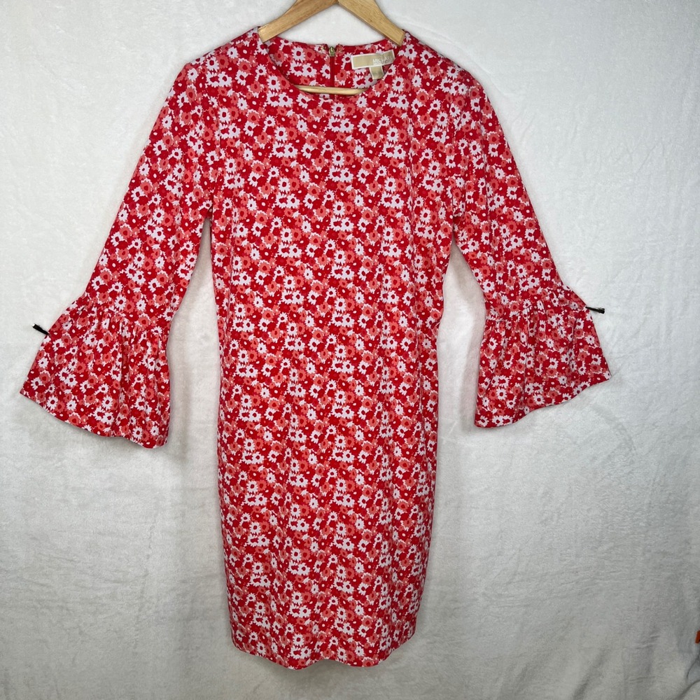 Michael Kors Dress Women's Small Red White Floral Bell Sleeve Casual Career